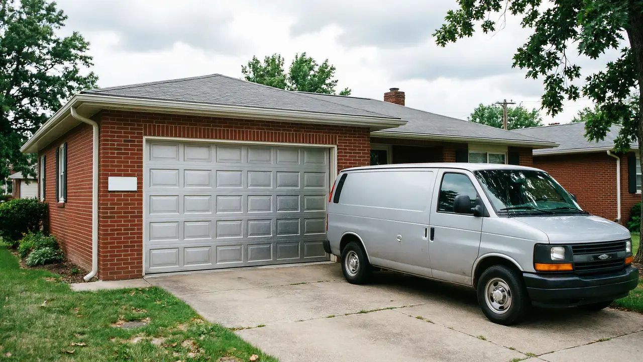 A silver panel van is parked in the driveway of a brick house with a gray garage door.