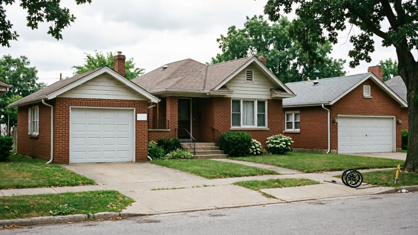 Two brick houses with white garage doors and green lawns under a cloudy sky.
