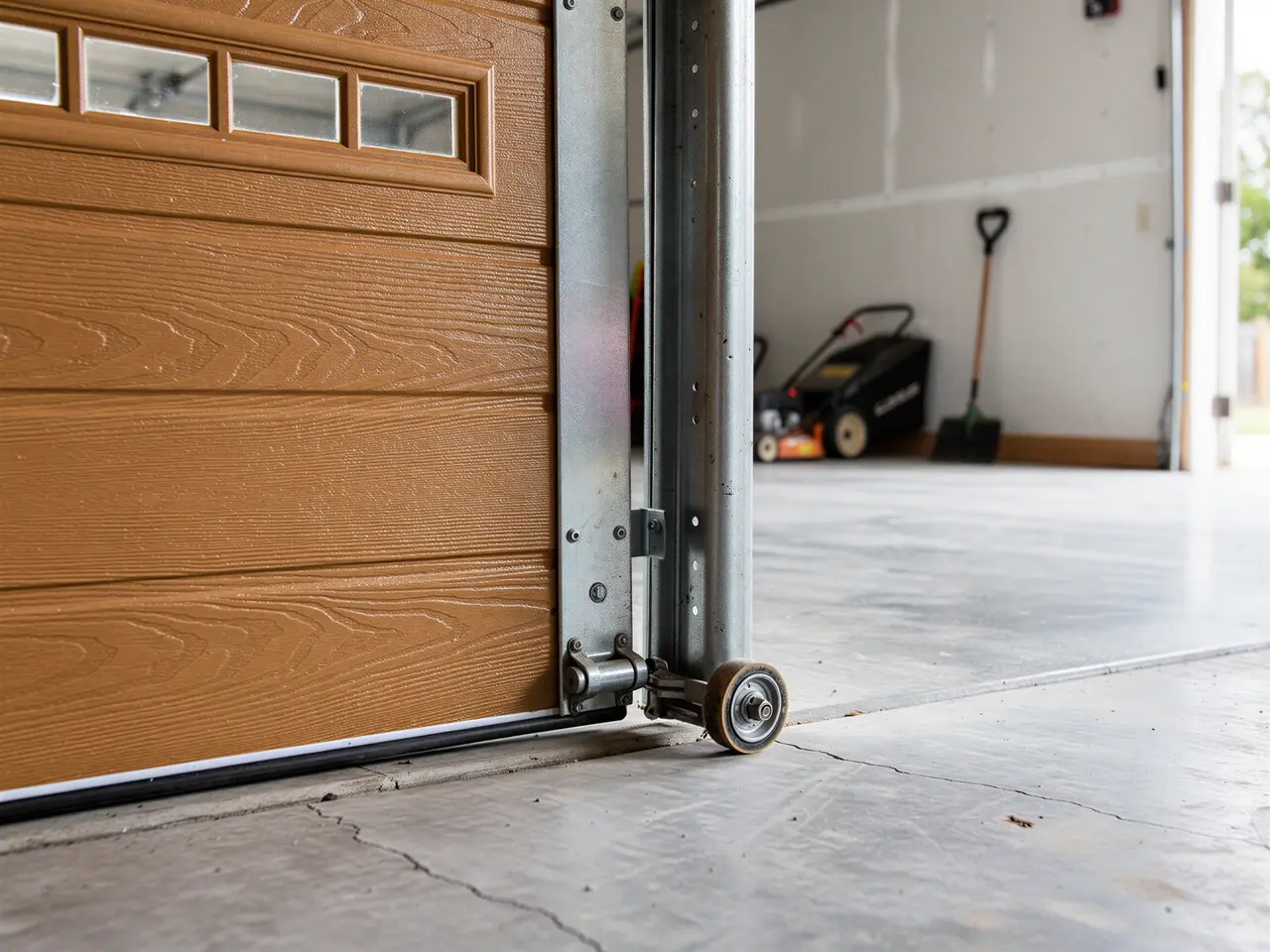 A brown garage door with windows and a roller on a track.
