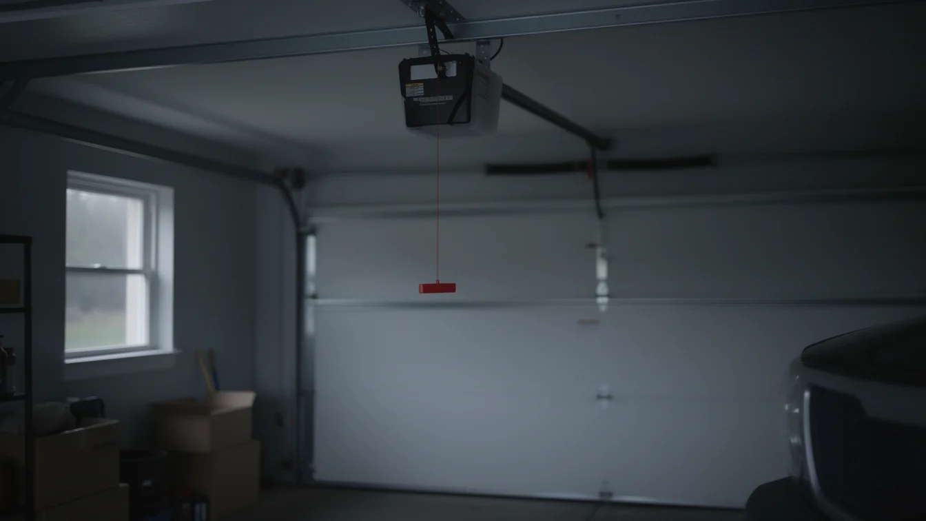 A garage door opener with a red emergency release cord hangs above a white garage door.